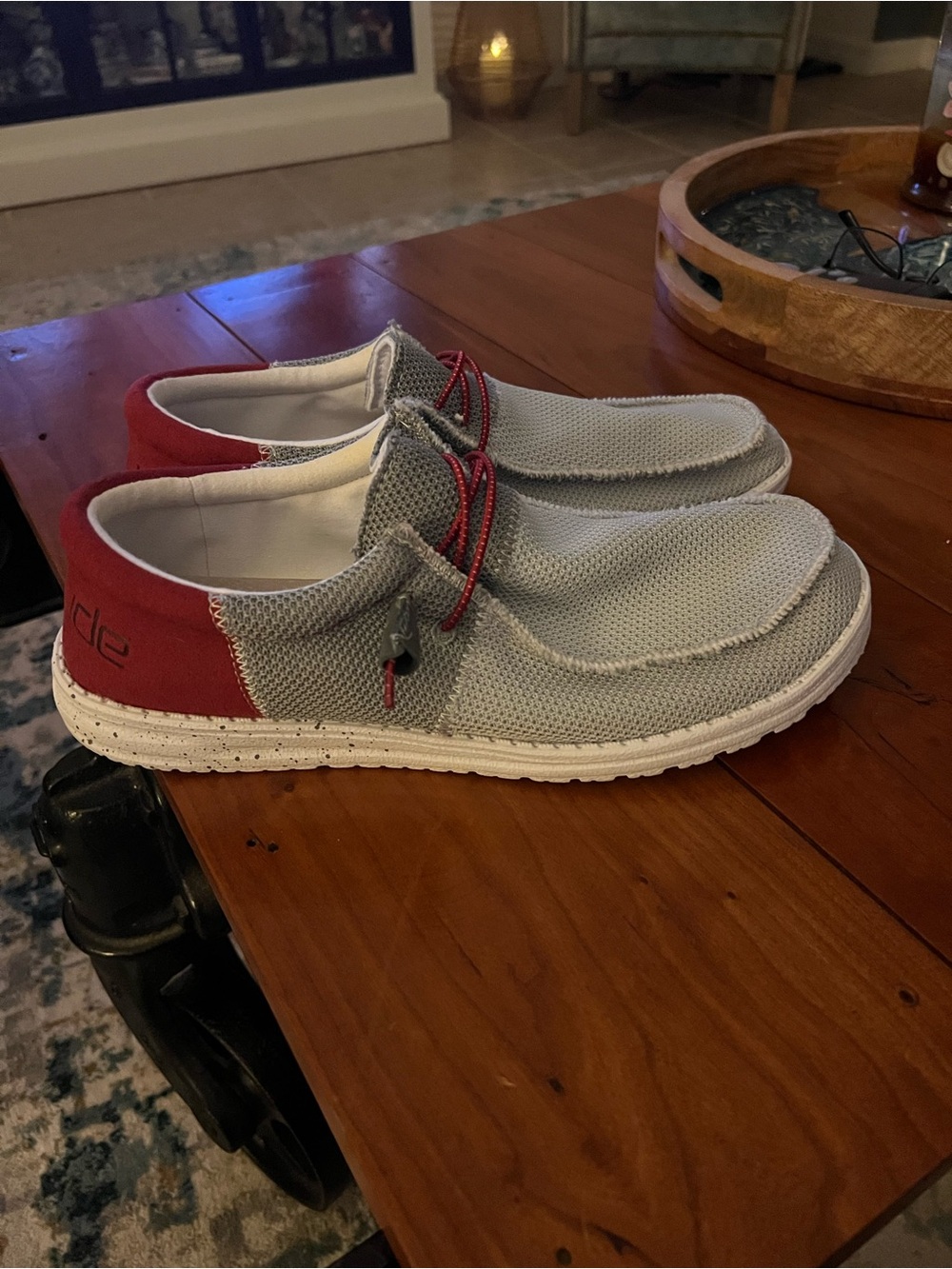 Hey Dude Lightweight Mesh Slip-Ons in Light Gray and Red—like new!
